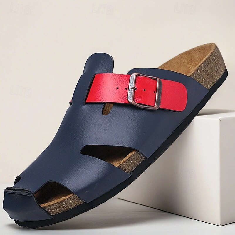 Men's Adjustable Buckle Strap Navy Slides Cork Footbed Faux Leather Sandals for Casual Summer and Outdoor Relaxation