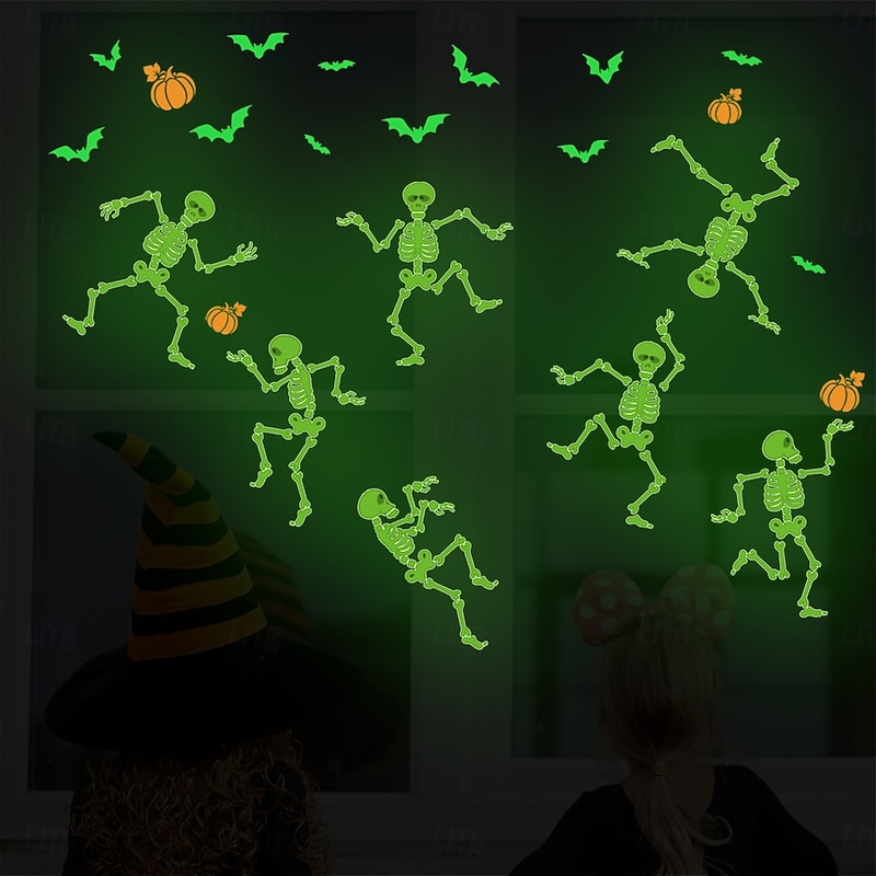 Halloween Decal Stickers Glow in The Dark Decoration, Luminous Skull, Bat, and Pumpkin Wall Stickers for Glass, Creative Living Room Halloween Decor, Self-Adhesive3