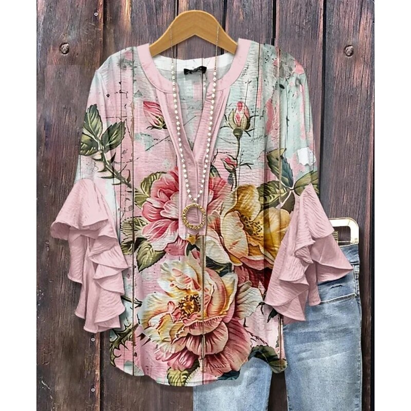 Women's Blouse V Neck Floral Graphic Elegant Bohemia Ethnic 3/4 Length Sleeve Regular Tops Daily Holiday Vacation Wear Ruffle Print Pink Blue Green Khaki Summer Spring Fall3
