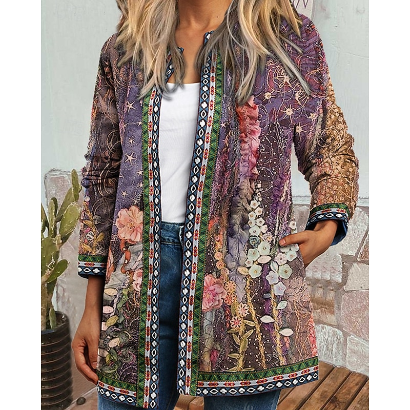 Women's Dressy Dusters Dressy Jackets Casual Jacket Street Going out Fall Winter Regular Coat Regular Fit Warm Comfortable Fashion Modern Jacket Long Sleeve Floral Pocket Light Green Purple Green2