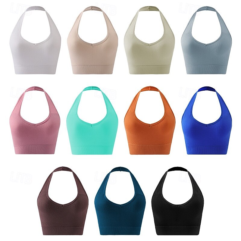 Women's Yoga Bra Sports Bra Pilates Bra Bra Top Push Up Seamless Anti-vibration Wireless Solid / Plain Color Sport Activewear Silver Lake blue Gym Zumba Running2