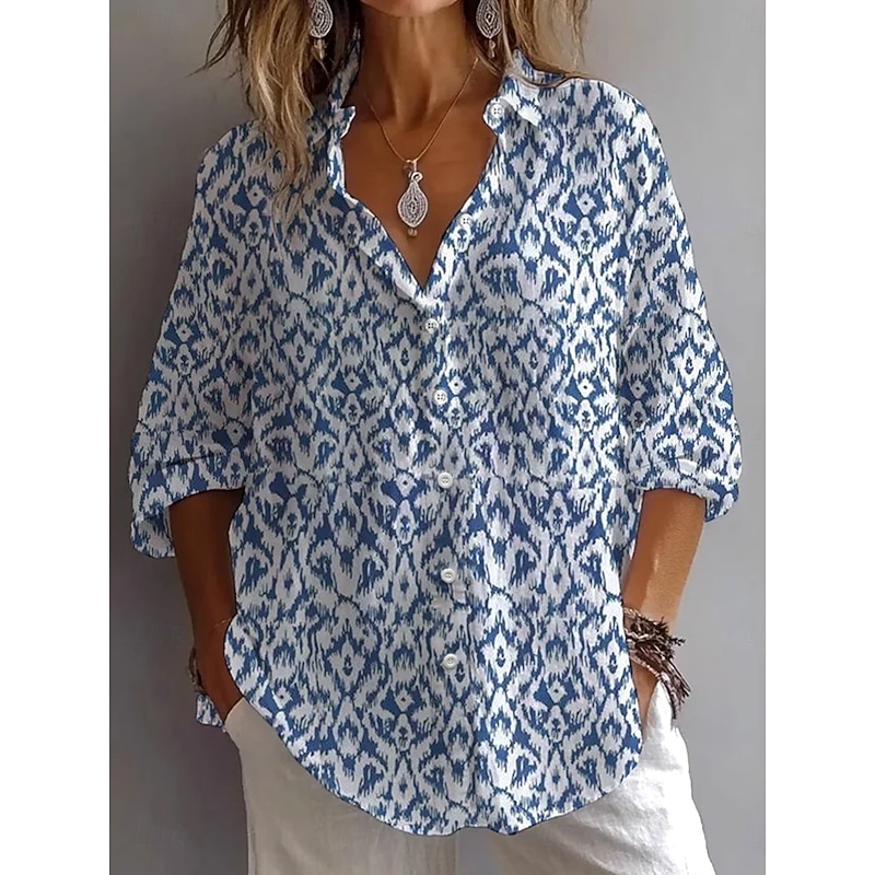 Women's Shirt Button Down Tunic Shirt Collar Long Sleeve Graphic Striped Vintage Daily Stylish Regular Tops Daily Holiday Going out s Denim Blue Light Blue Spring