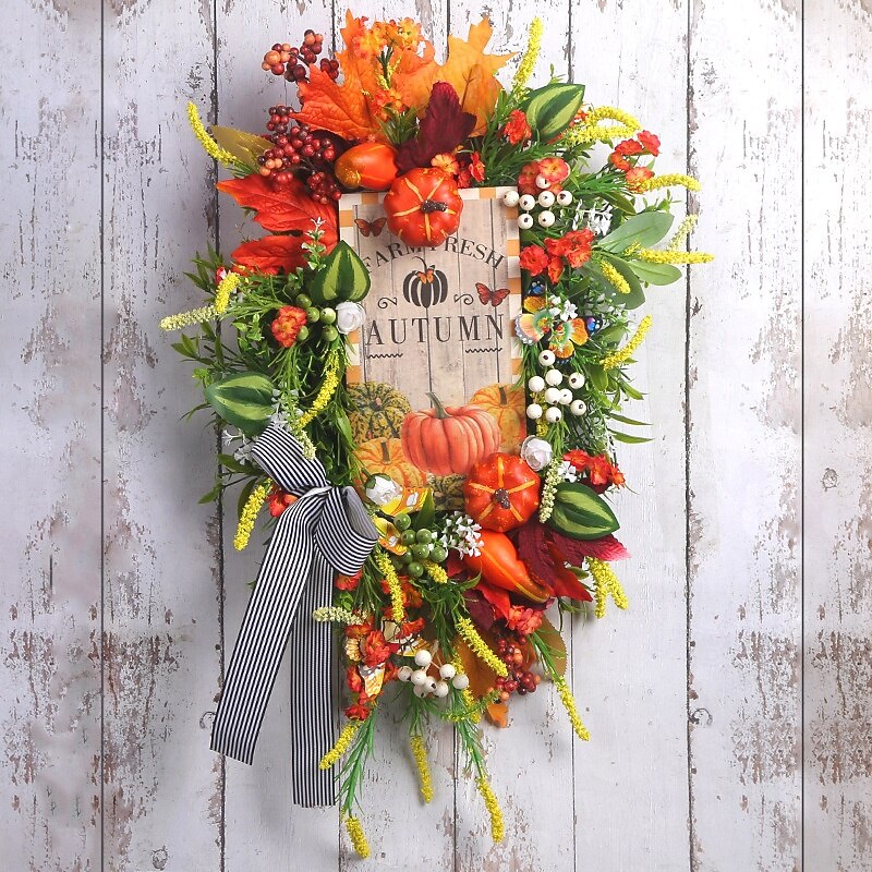 Fall Swag Wreath for Front Door Thanksgiving Autumn Harvest Indoor Outdoor Decoration, Harvest Wooden Sign Wreath with Artificial Pumpkin Rustic Door Hanging