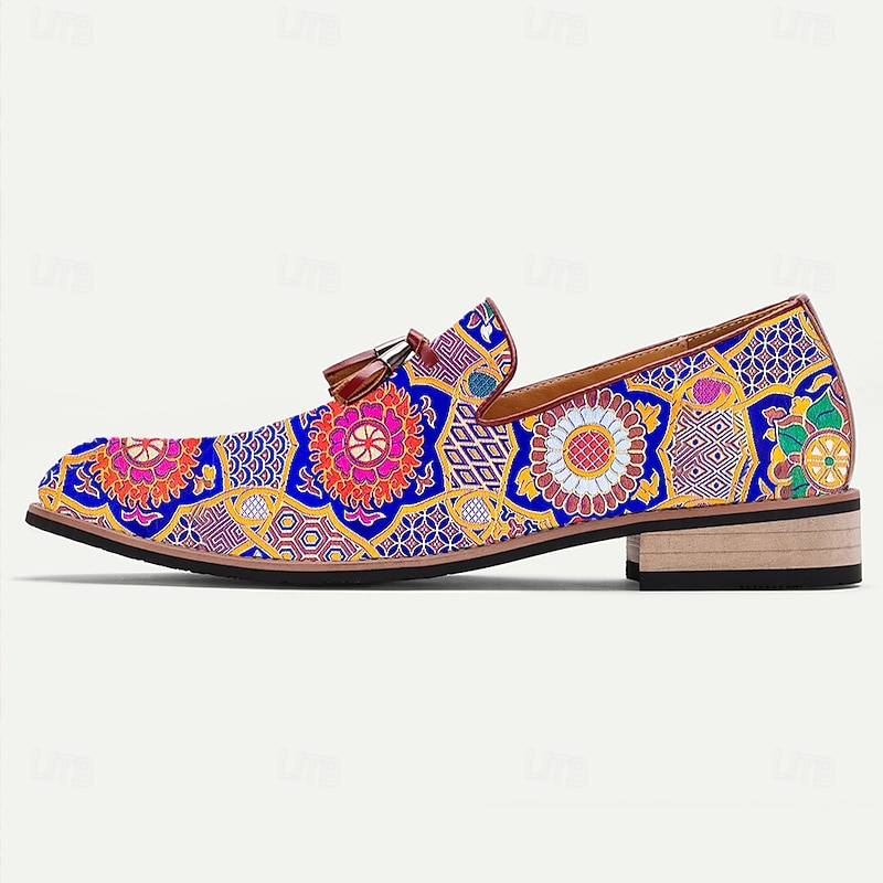 Men's Jacquard Fabric Loafers with Moroccan Floral Pattern, Faux Leather Sole, Artistic Slip-On Dress Shoes for Groomsmen, Performers and Cultural Events4