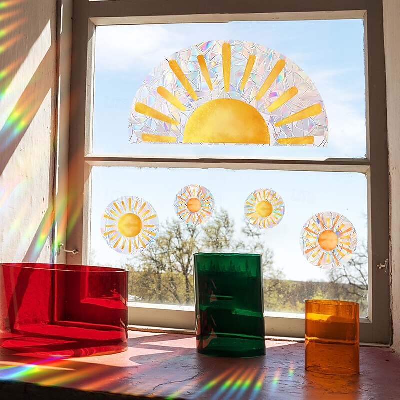 Rainbow Cloud and Sun Iridescent Sunlight Static Cling Window Sticker, Self-Adhesive Glass Decal for Home and Storefront Decoration, Stained Glass Window Cling2