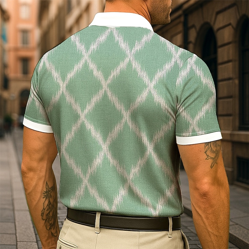 Men's Argyle Polo Short Sleeve Polo Collar Business Casual Daily Buttons Pocket Summer Robin's Egg Blue Grey Green4