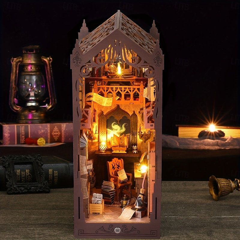 1pc Rustic Wooden Magic Library Book Nook Shelf Insert DIY Dollhouse Kit With Furniture Artisan Craft 3D Puzzle Home Bedroom Decor Induction Lighting 10.82 Height Boys Easter/Birthday Gift3
