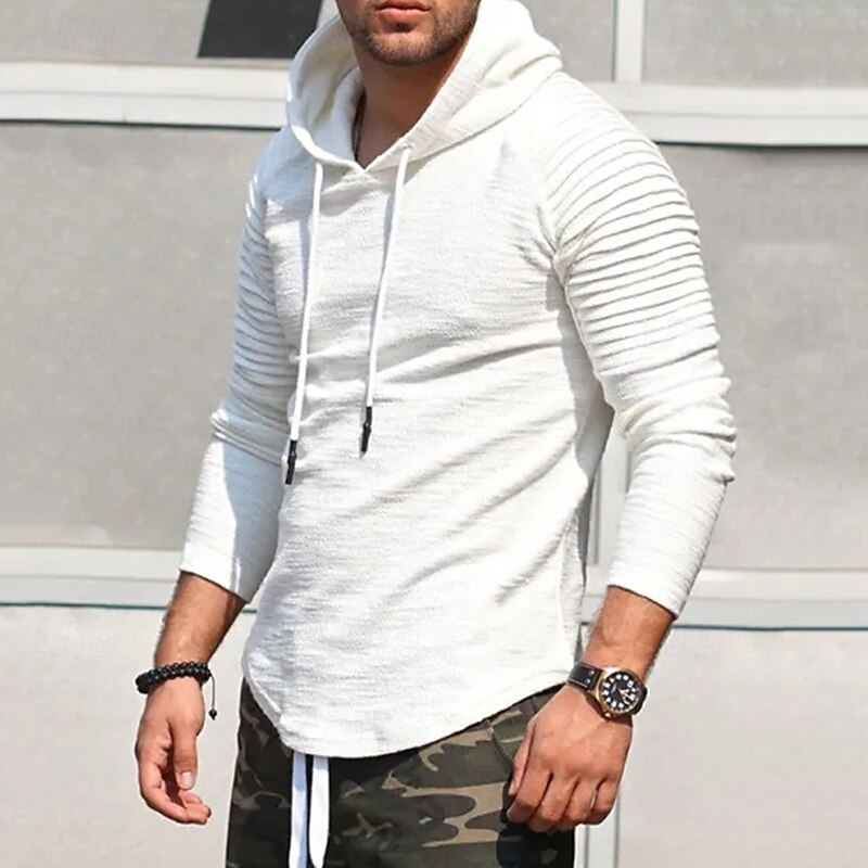 Men's Pullover Sweater Jumper Sweater Hoodie Knit Sweater Ribbed Knit Regular Tops Pleats Plain Hooded Fashion Basic Vacation Daily Wear Clothing Apparel Spring Fall Black White M L XL
