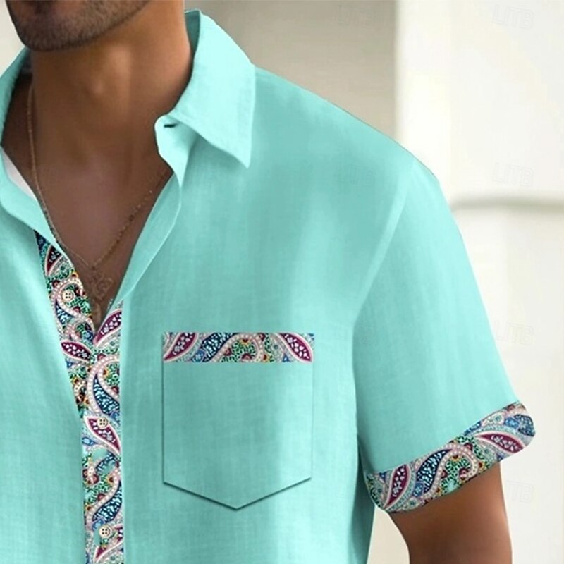 Men's Paisley Ethnic Shirt Summer Shirt Button Up Shirt Short Sleeve Fashion Casual Outdoor Vacation Dailywear Summer Spring Turndown 3D Print Collared Shirts Front One Pocket Blue2