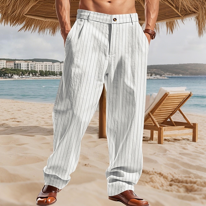 Men's Linen Pants Trousers Summer Pants Straight Leg Striped Comfort Breathable Full Length Party Business Beach Vacation Fashion Black White