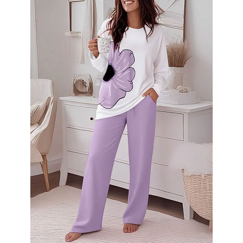 Women's Fashion T Shirt Pants Sets Long Sleeve Round Neck Floral Graphic Print Casual Daily Pink Blue Purple Spring Regular Fit3