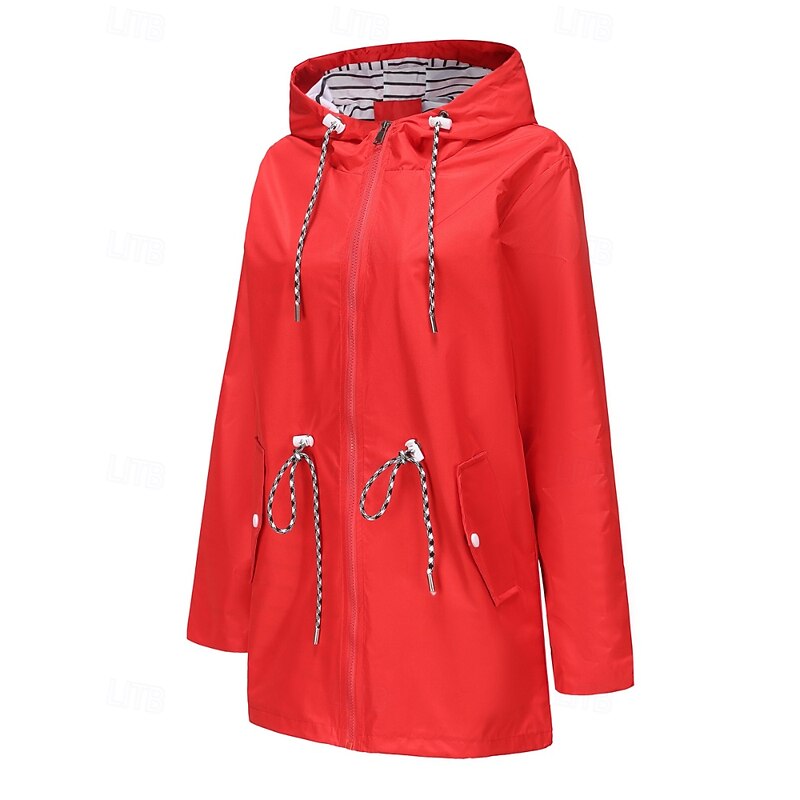 Women's Trench Coat Waterproof Warm Zipper Pocket Fashion Outdoor Plain Holiday Going out Zipper Regular Hooded Regular Fit Long Sleeve Outerwear Black Red Green Fall Winter4