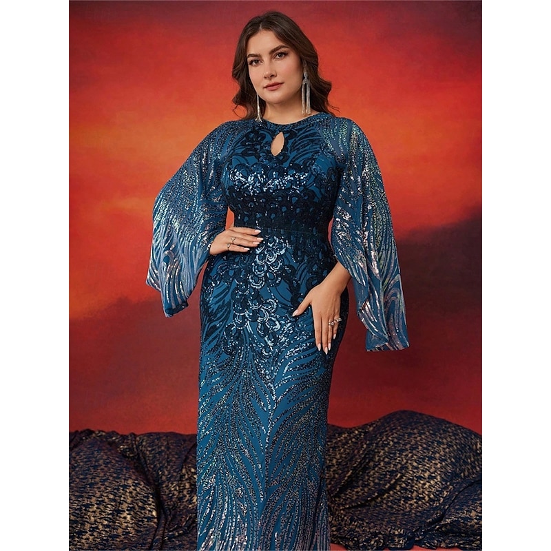 Mermaid / Trumpet Plus Size Dresses Elegant Curve Dress Formal Wedding Floor Length Long Sleeve Crew Neck Polyester with Slit2