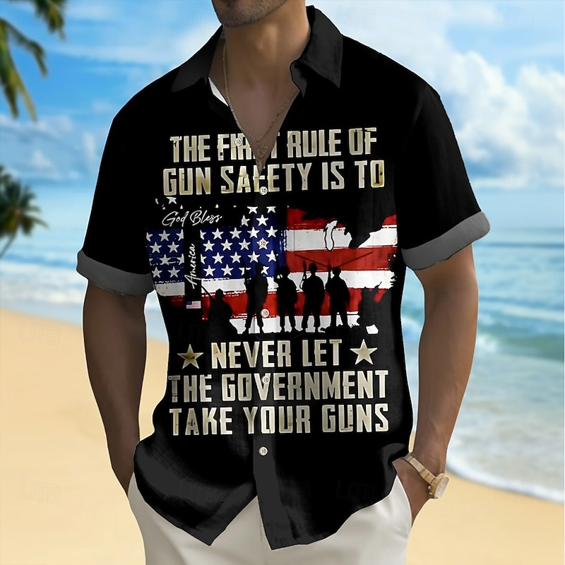 Independence Day Men's US Flag Veterans Patriotic Shirt Summer Shirt Button Up Shirt Short Sleeve Fashion Casual Holiday Summer Spring Turndown 3D Print Collared Shirts Front One Pocket Black