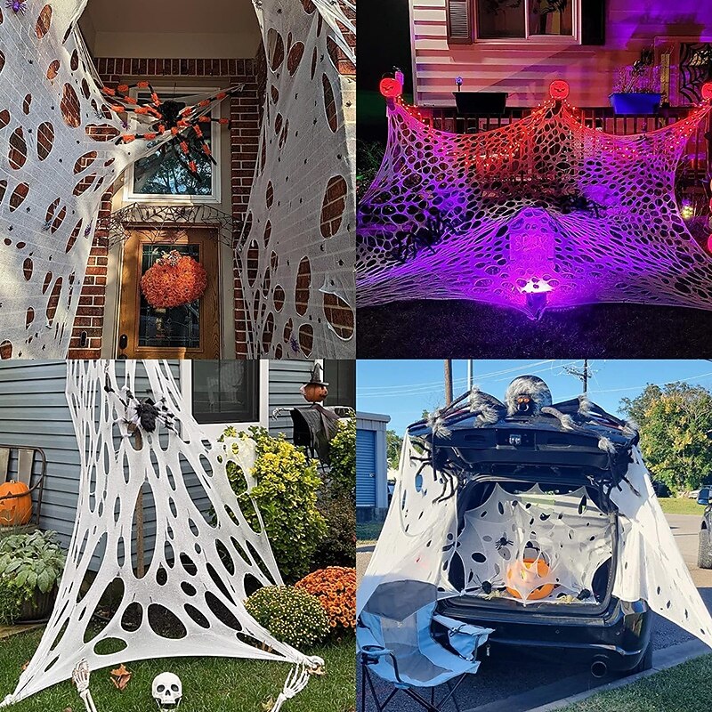 Halloween Spider Web with Stakes Decorations Outdoor, Cut-Your-Own Torn Style Stretchy Spider Web, Flexible Webbing for Haunted House, Porch, Yard & Spooky Party Prop3