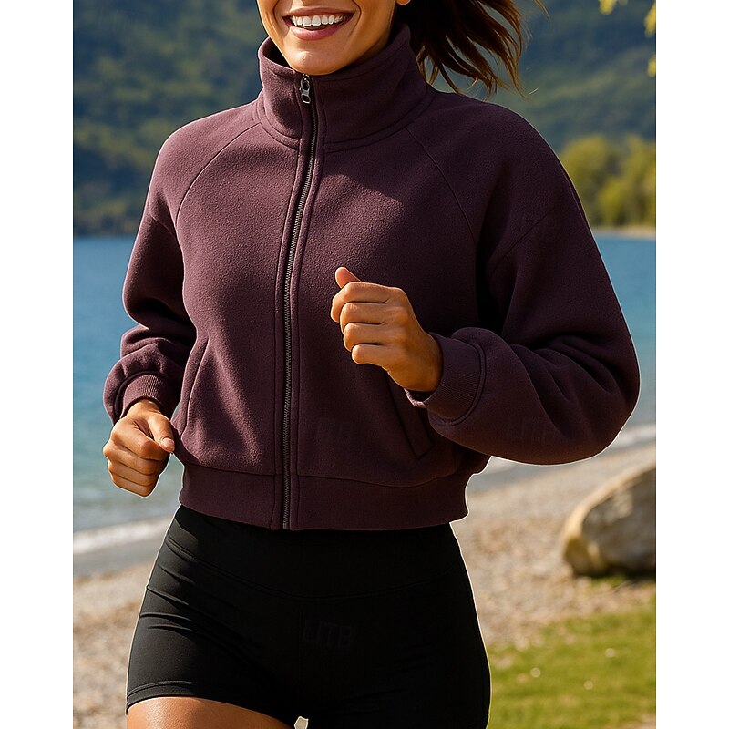 Women's Running Jacket Outdoor Jacket Full Zip Long Sleeve Outerwear Athletic Fall Solid Colored Thermal Warm Lightweight Soft Tennis Golf Running Sportswear Activewear Wine Red Purple - Main Image