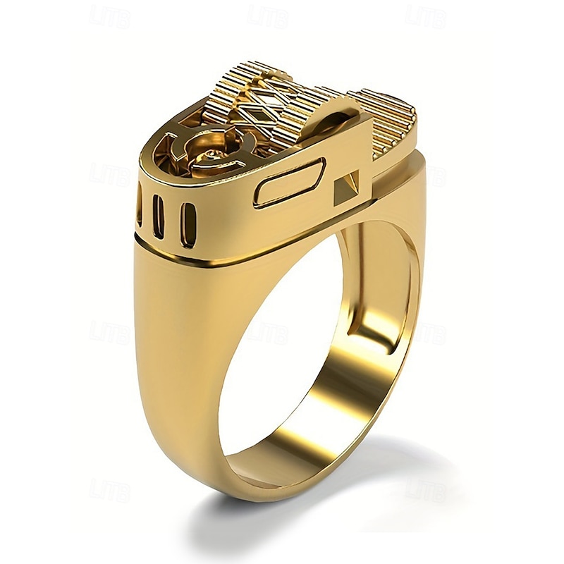 Men's Gold Alloy Lighter Ring - Bold mechanical design style, A stylish men's party nightclub gift accessory