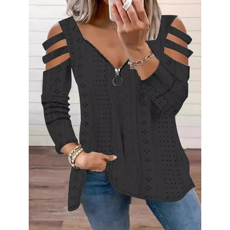 Women's Blouse Solid Color Stylish Casual Long Sleeve V Neck Regular Tops Daily Hollow Out Zipper Black White Pink Blue Green Summer Spring3