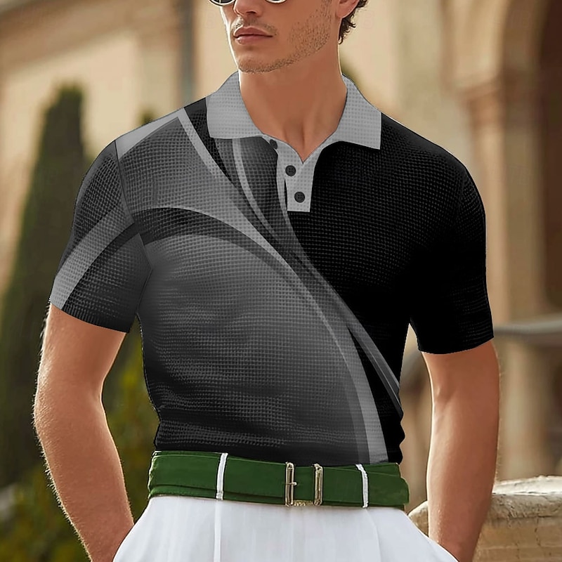 Men's Geometic Line Waffle Polo Shirts Short Sleeve Polo Shirts Collared Shirts Business Casual Business Athleisure Daily Wear 3D Print Buttons Summer Yellow Blue Green4