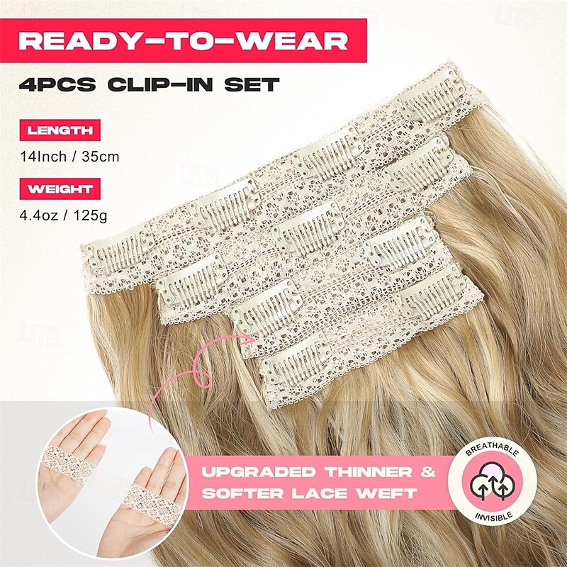 Hair Extensions 14 Short Clip in Hair Extensions 4PCS Synthetic Beach Wave Blonde Natural Soft Hairpiece for Women - Dark Golden Blonde with Highlights3