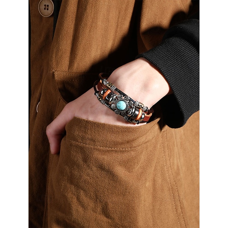 Men's Turquoise Leather Cuff Bracelet with Skull and Metal Accents, Bohemian Western Style, Perfect for Casual and Everyday Wear3