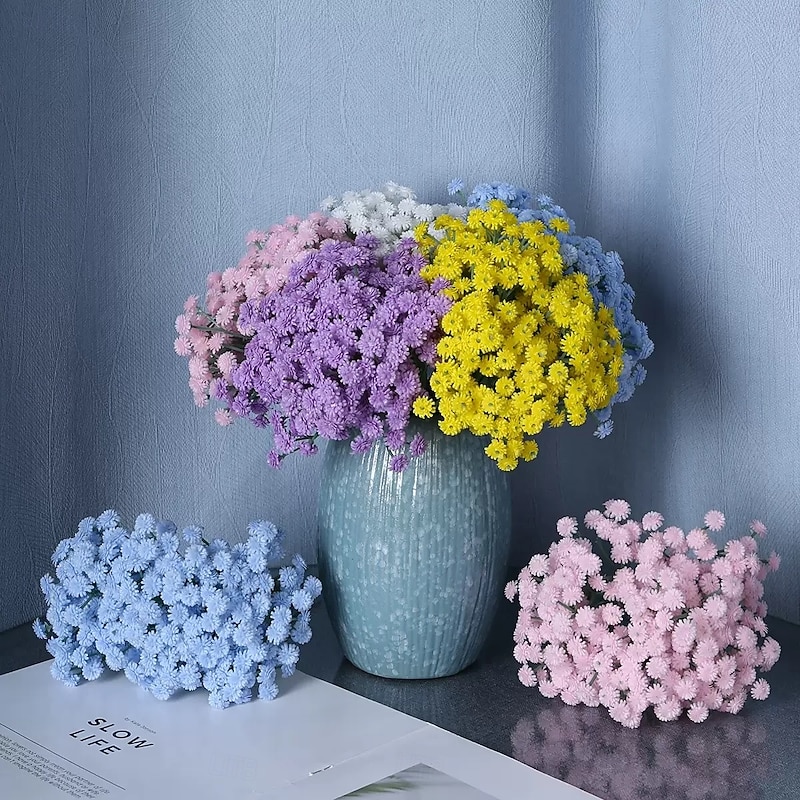 5 Bundles Artificial Gypsophila Bouquet, Fake Plastic Wedding Flowers, Soft Touch Home Table Decoration Floral Arrangement, Multi-Color