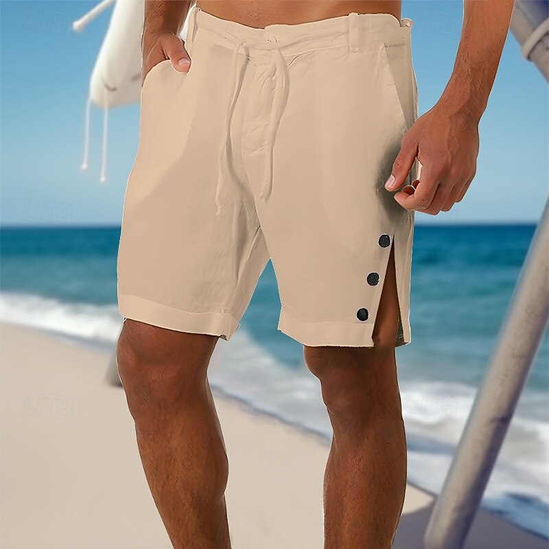 Men's Shorts Linen Shorts Summer Shorts Beach Shorts Drawstring Pocket Side Button Plain Comfort Breathable Short Casual Daily Holiday Fashion Designer Black White2