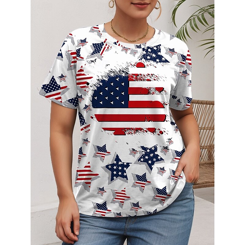 American Independence Day Women's Plus Size Tops T Shirt Graphic Flag Print Short Sleeve Crew Neck Casual Daily Polyester Summer White Red