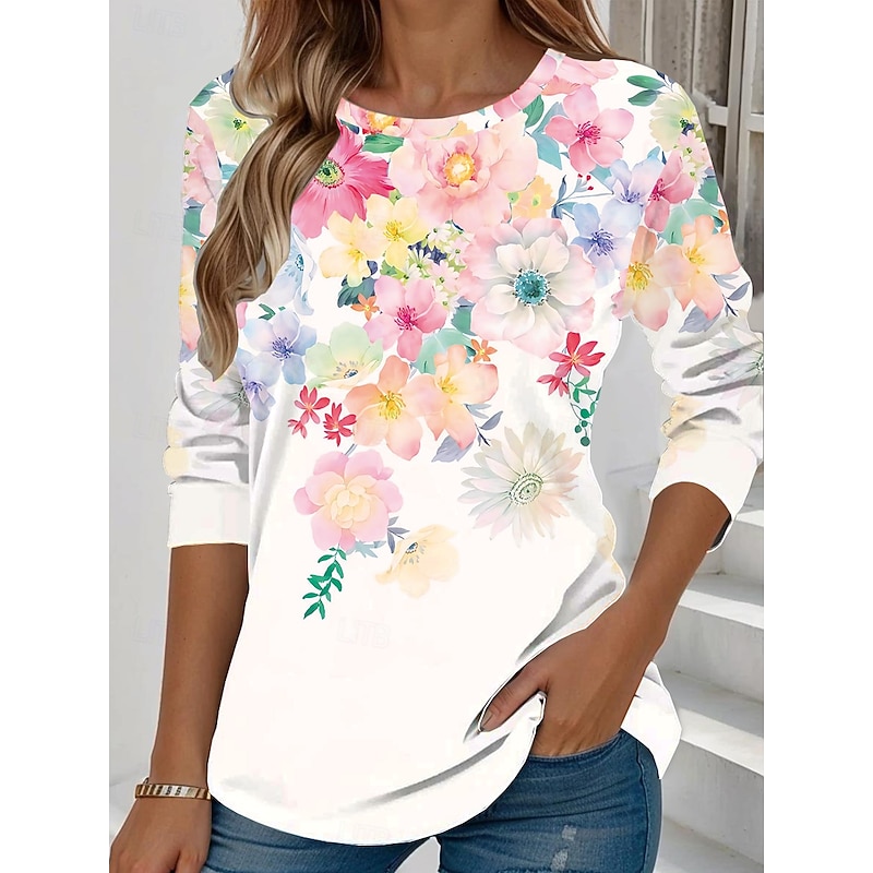 Women's T shirt Crew Neck Long Sleeve Tunic Floral Graphic Plants Vintage Stylish Classic  Round Neck Regular Tops Daily Weekend Print Black White Pink Blue Green Summer2