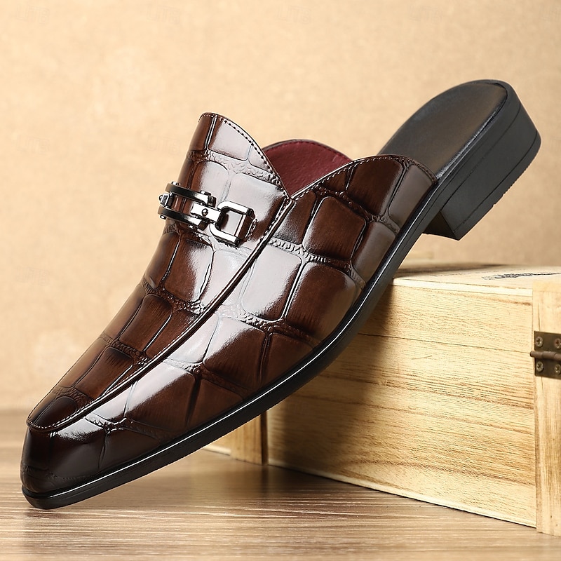 Men's Brown Glossy Slip-On Loafers – Crocodile Embossed Pattern with Metal Bit Detail, Elegant Dress Shoes for Formal Events, Business and Weddings