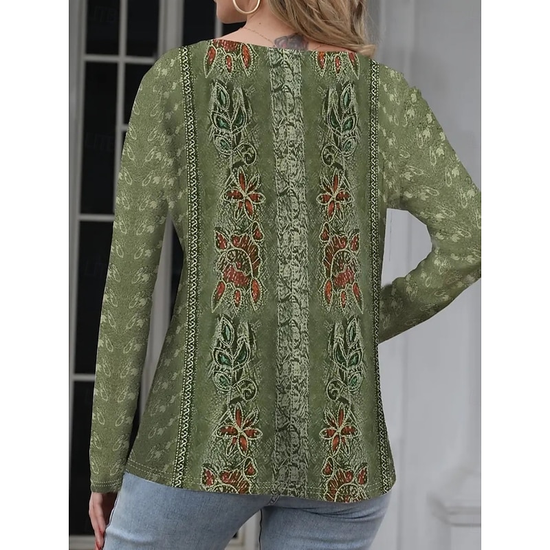 Women's Lace Splicing Top Floral Vintage Basic Casual Long Sleeve V Neck Regular Tops Daily Lace Patchwork Print Green  Spring Prefall2