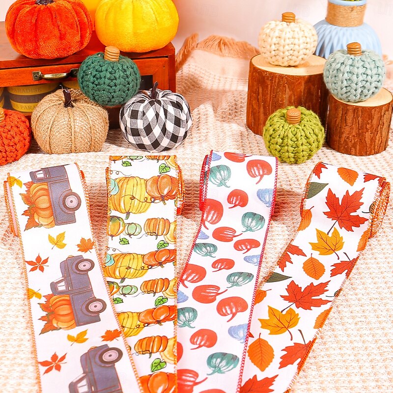 1 Roll Fall Burlap Ribbon,Buffalo Plaid Wired Edge Ribbon with Pumpkin Pattern Thanksgiving Theme Craft Ribbons Rustic Autumn Harvest Ribbons for Wrapping Gifts Making Wreath Bow3