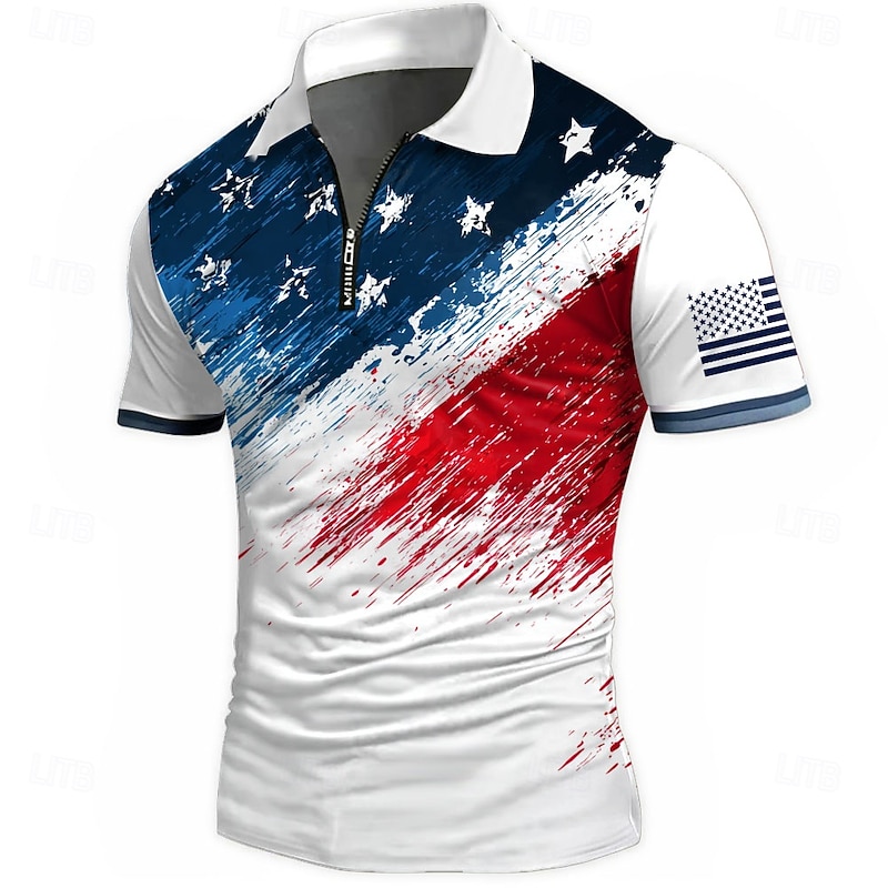 American Independence Day Men's American US Flag Zip Polo Shirts Short Sleeve Polo Shirts Collared Shirts Casual Athleisure Daily Wear 3D Print Summer White Blue2