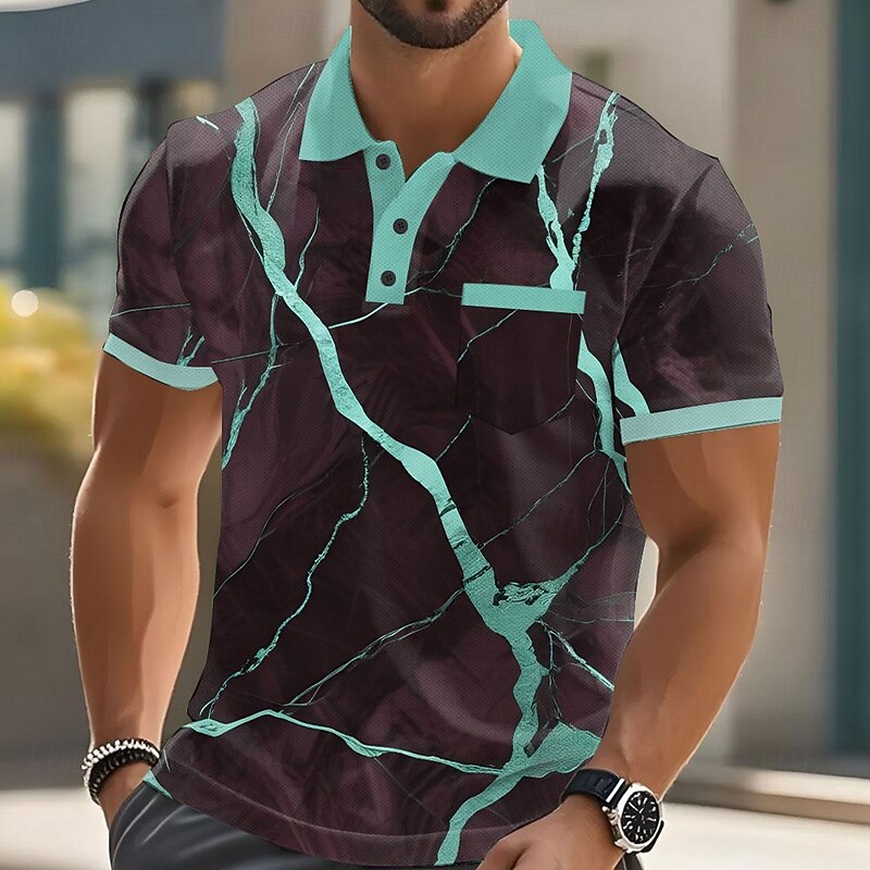 Men's Marble Polo Short Sleeve Polo Shirts Collared Shirts Business Casual Outdoor Athleisure Daily Wear Pocket 3D Print Buttons Summer Lake blue Blue Gold3