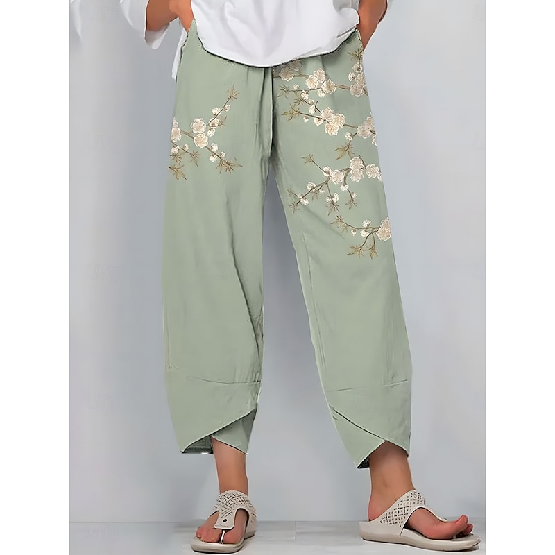 Women's Wide Leg Chinos Baggy Pants Vintage Basic Casual Ankle-Length High Waist Floral Graphic Drawstring Patchwork Printing Breathable Inelastic Outdoor Vacation Street Yellow Blue Green Beige