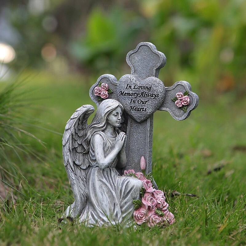 1 Pc Outdoor Solar Waterproof Retro Prayer Angel Statue Light Cross Commemorative Cemetery Garden Ornament Resin Decorative Light Landscape Light4
