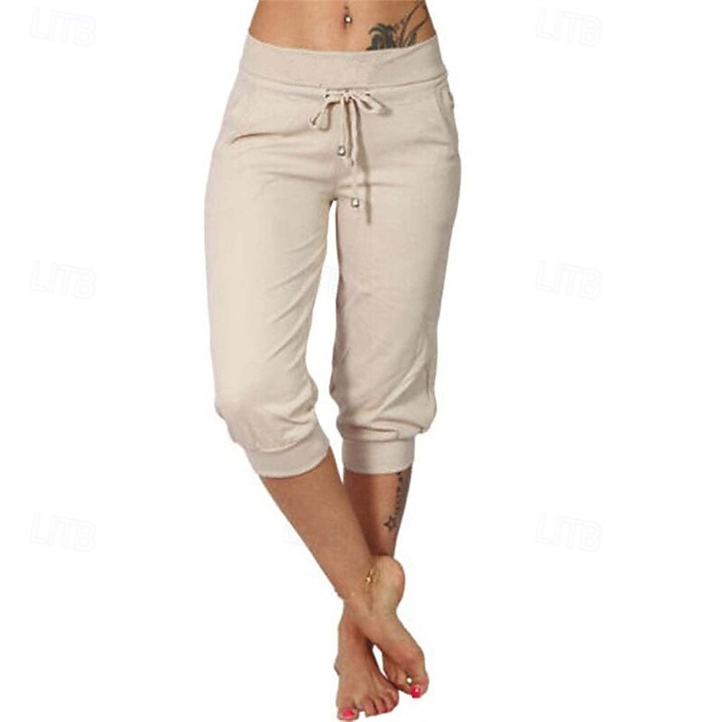 Women's Capri Pants Sunday Shorts Streetwear Casual Calf-Length Mid Waist Plain Elastic Waist Drawstring Breathability Soft Micro-elastic Vacation Street Daily Wear Black Pink Navy Blue Green Summer
