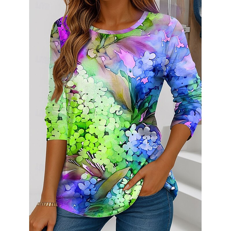 Women's T shirt Crew Neck Long Sleeve Tunic Floral Graphic Vintage Stylish Classic  Regular Tops Daily Weekend Print Pink Purple Green Spring Fall4