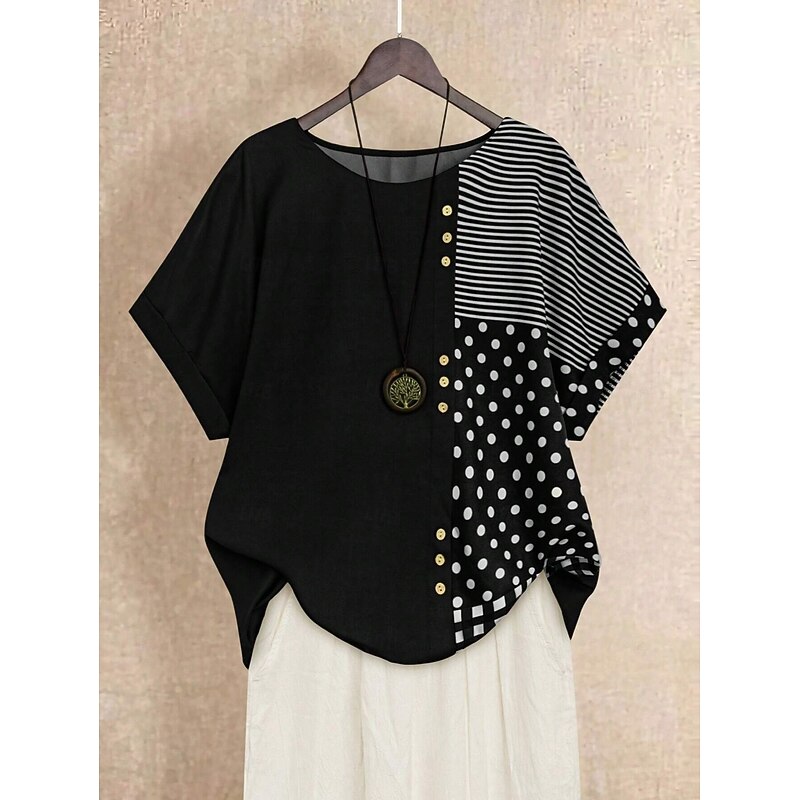 Women's Blouse Graphic Polka Dot Striped Basic Short Sleeve Crew Neck Regular Tops Holiday Buttons Print Black Navy Blue Green Summer Spring3