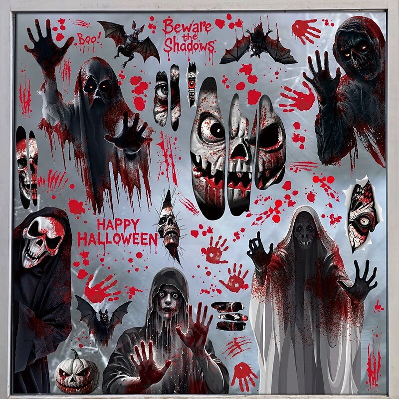 9 Sheets Halloween Window Cling Sticker Decals Decorations Double Side, Ghost Shadow Skeleton Bloody Handprint Static Stickers for Glass Store Window Display2
