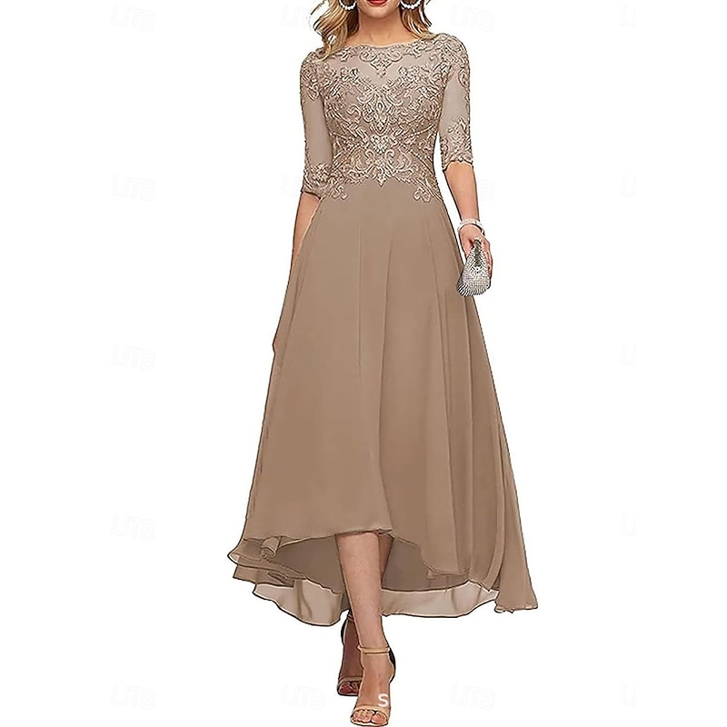A-Line Mother of the Bride Dress Formal Wedding Guest Elegant Crew Neck Floor Length Chiffon Half Sleeve with Solid Color