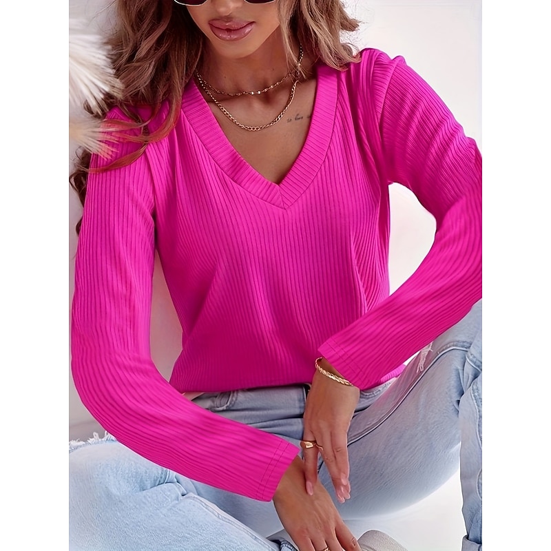 Women's Blouse Solid Color Basic Casual Long Sleeve V Neck Regular Tops Daily Blue Fuchsia Light Blue Summer Spring