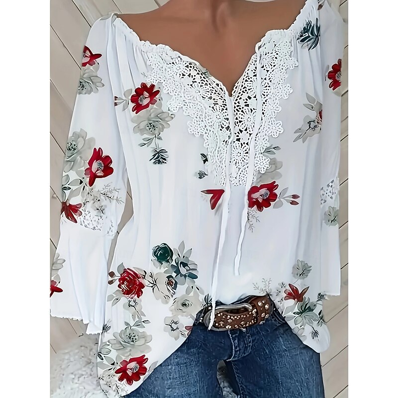 Women's Summer Tops Flower Modern Long Sleeve V Neck Regular Tops White Summer