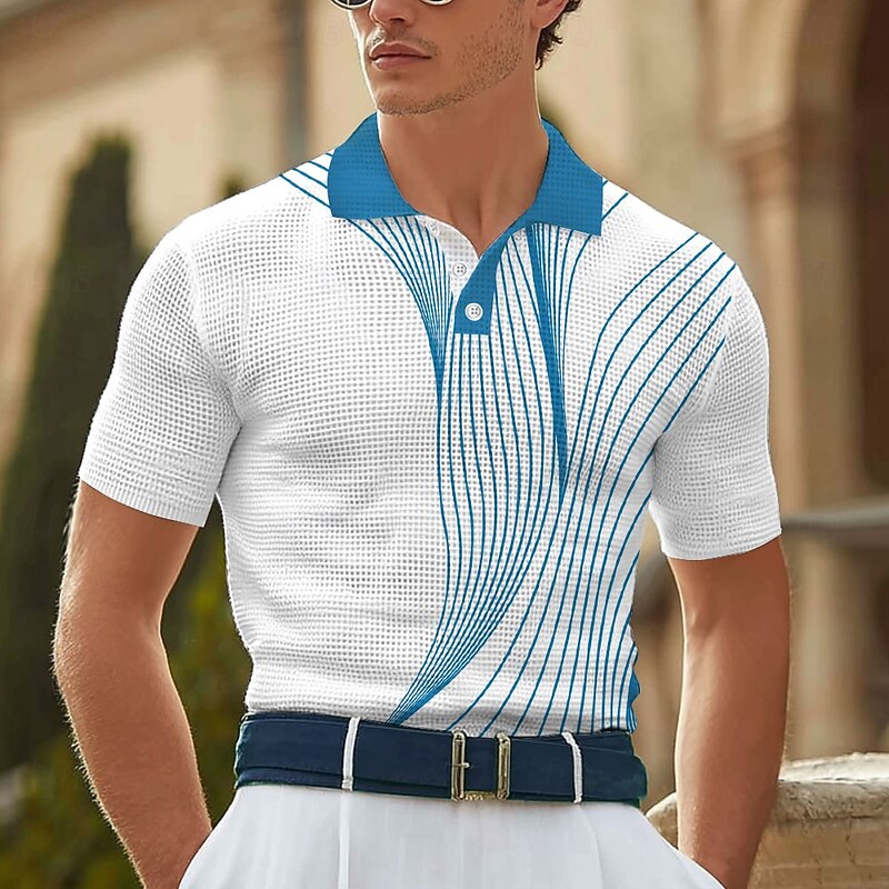 Men's Abstract Geometic Waffle Polo Shirts Short Sleeve Polo Shirts Collared Shirts Business Casual Business Athleisure Daily Wear 3D Print Buttons Summer Red Blue Green