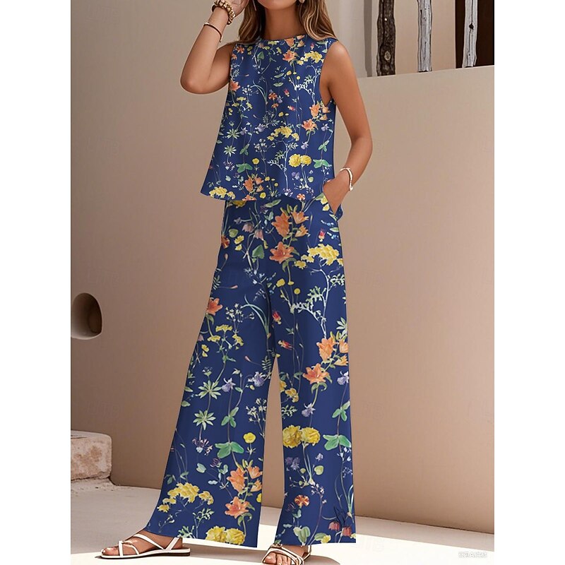 Women's Elegant Fashion Streetwear Two Piece Sets Blouse Vest Pants Trousers Sleeveless Crew Neck Outdoor Work Casual Floral Print Vacation Daily Holiday White Navy Blue Blue Summer Regular Fit4