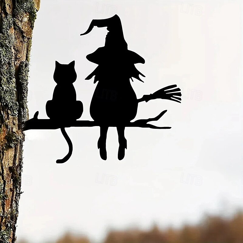 Halloween Yard Decoration Metal Silhouette, Cute Witch and Cat Waterproof Metal Garden Stake, Halloween Outdoor Yard Art Decoration2