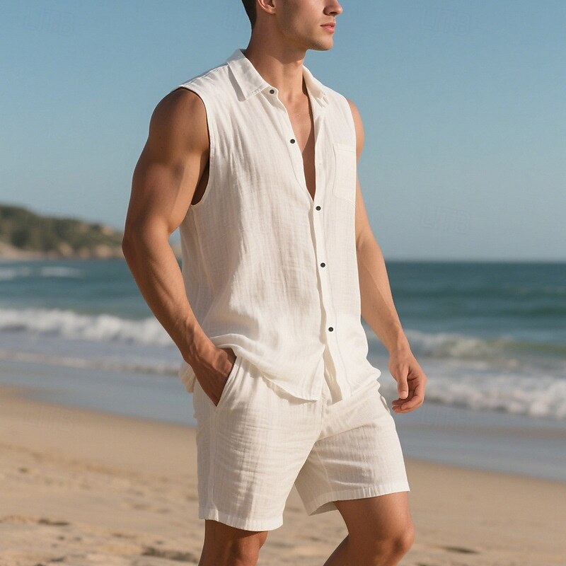 Men's T-shirt Suits 2 Pieces Outfits Tee & Shorts Sleeveless Lapel Summer Plain Fashion Casual 2 Piece Vacation Daily Wear Going out Black White Yellow Top Tee for Men2