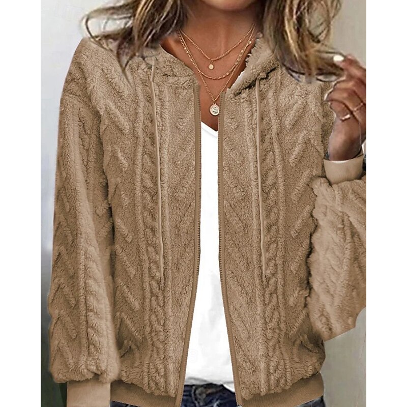 Women's Cardigan Casual Solid Color Chunky Hooded Zipper Knitted Long Sleeve Regular Tops Knit Outdoor Daily Holiday Khaki Fall Winter