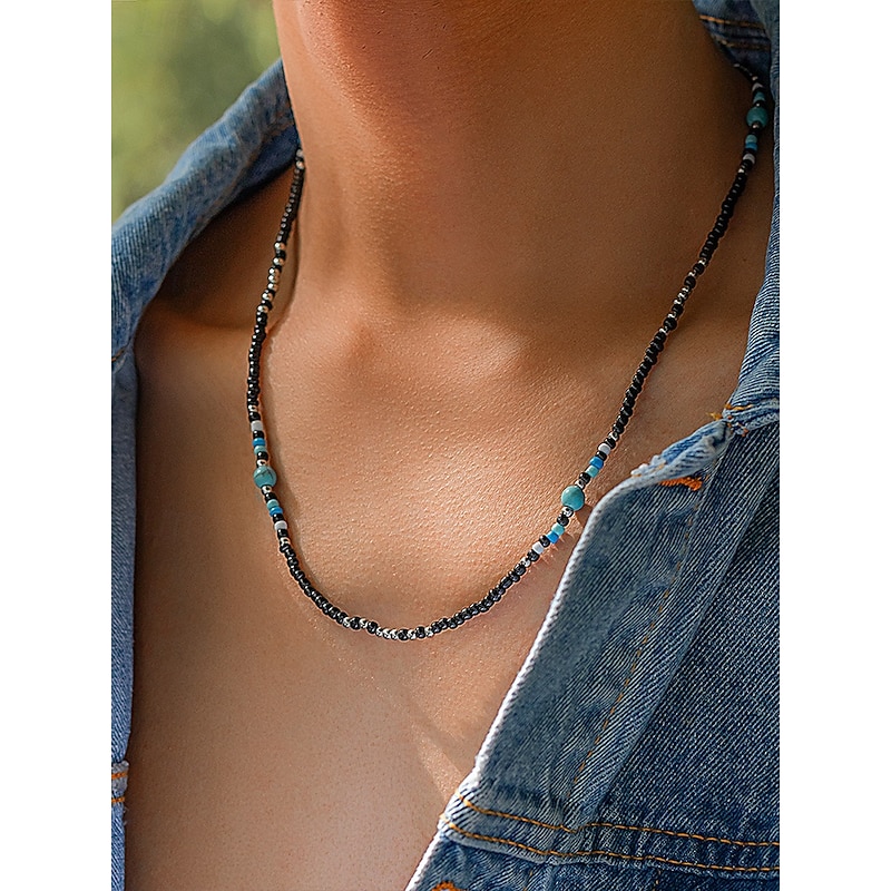 Men's Black and Turquoise Beaded Necklace – Handmade Boho Surfer Style Jewelry for Summer Beach Outfits, Festivals and Casual Wear3