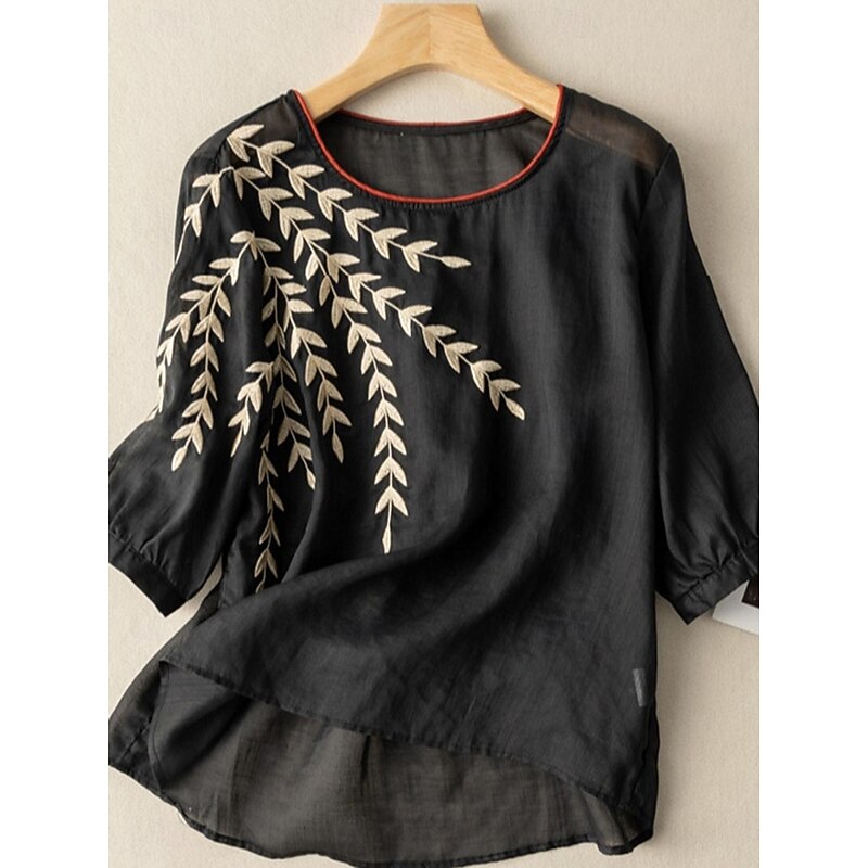Women's Cotton Linen Shirts Floral Basic Casual 3/4 Length Sleeve Crew Neck Regular Tops Daily Embroidered Black Yellow Pink Blue Summer4